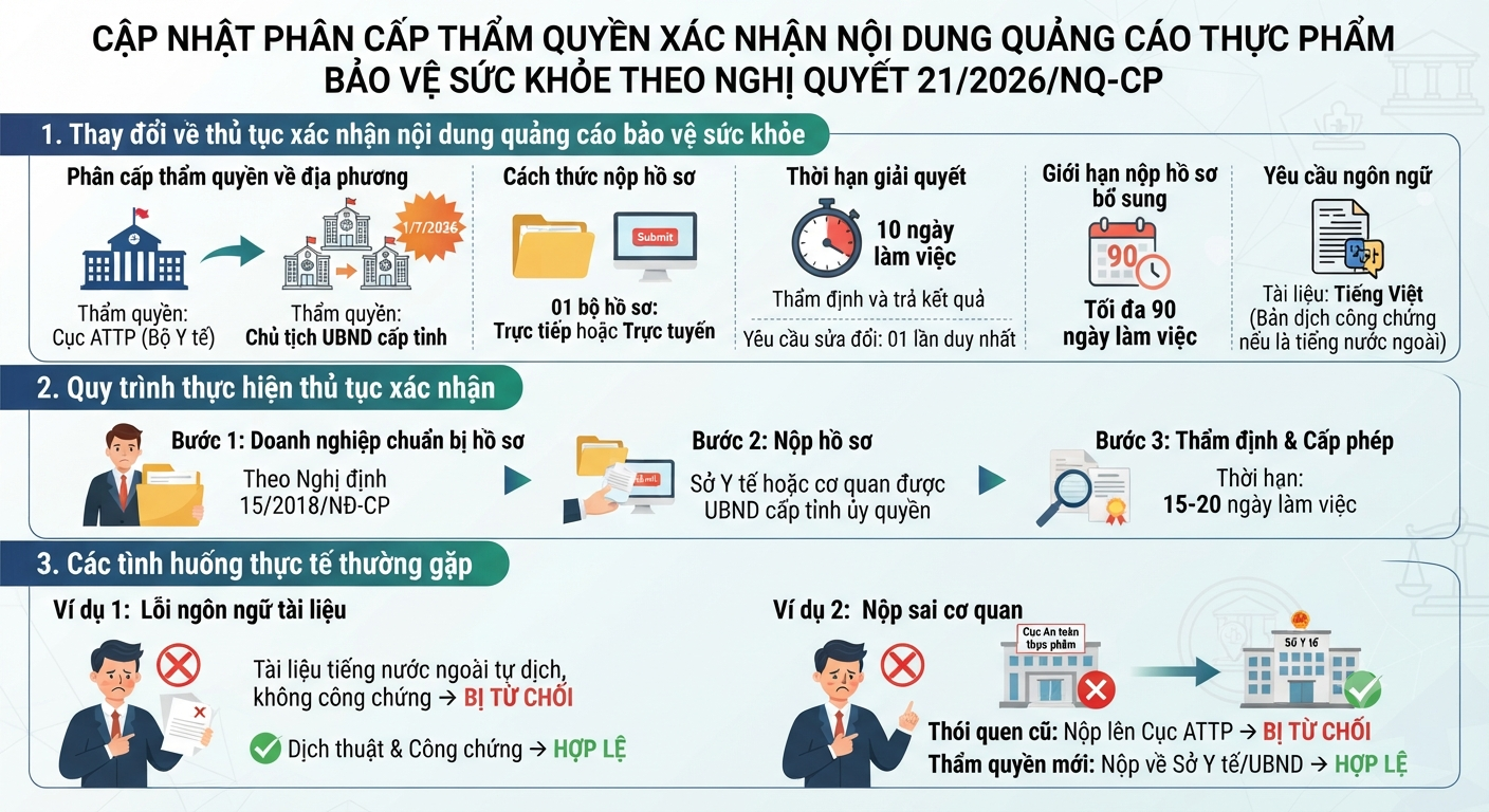 Cập nhật phân cấp thẩm quyền xác nhận nội dung Quảng cáo thực phẩm bảo vệ sức khỏe theo Nghị quyết 21/2026/NQ-CP Cập nhật phân cấp thẩm quyền xác nhận nội dung Quảng cáo thực phẩm bảo vệ sức khỏe theo Nghị quyết 21/2026/NQ-CP
